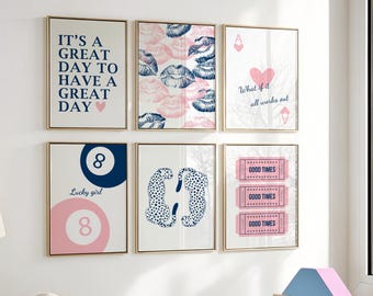 Set of 6 Girls Wall Art Navy Blue and Pink Preppy Dorm Room Poster 8 Ball Kiss lips Leopard trendy printable College Apartment Gallery Print