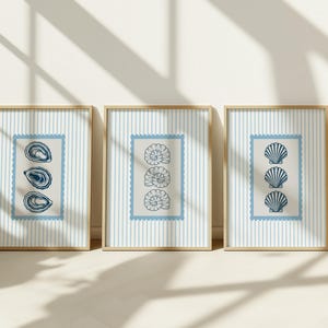 May include: Three framed art prints featuring marine life illustrations. Each print has a light blue scalloped border and a blue and white striped background. The illustrations depict oysters, nautilus shells, and seashells.