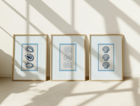 Coastal Stripe Print Set: Seashell Oyster Wall Art (Digital Download)