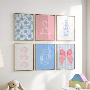 Blue And Pink Light Preppy How Lucky Are We Print Set Of 6 Blue Pink  Floral Bow Wall Art Trendy Coquette Dorm College Apartment Decor