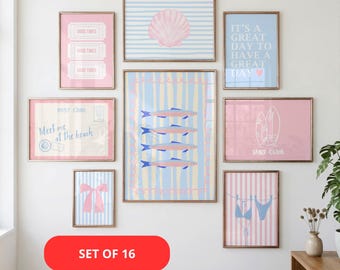 Coquette Coastal Wall Art Prints, Coastal Grandmillennial Pink Blue Poster, Preppy Beach Gallery Wall Decor Girly Summer Digital Download