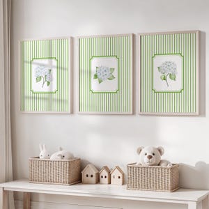 Hydrangea Wall Art Prints Set of 3 Green Stripe Floral Print Granddaughter French Country Cottagecore Flower Poster Botanical Hydrangea