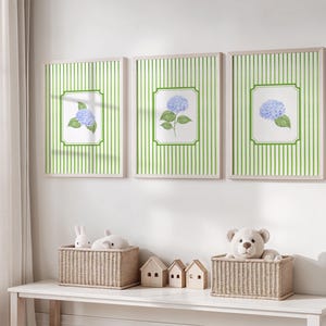 Hydrangea Wall Art Set of 3 Watercolor Green Stripe Floral Print French Country Cottagecore Flower Poster Botanical Decor Blue Hydrangea