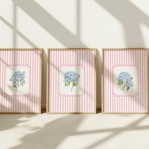 Blue Hydrangea and Pink Wall Art Set of 3 Printable Striped botanical nursery, Vintage Grandmillenial Florals Wall Prints Cottage Home Decor