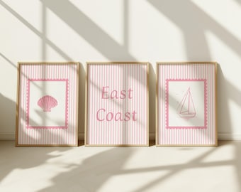 Coastal Pink Stripe Print Set: Beachy Grandmillennial Decor (Digital Download)