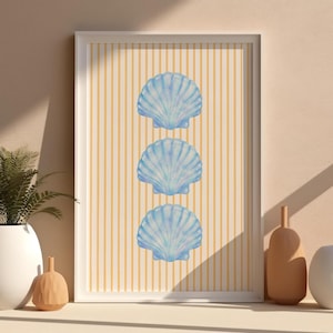 Coastal Seashell & Stripes Wall Art Print: Beachy Dorm Decor (Digital Download)