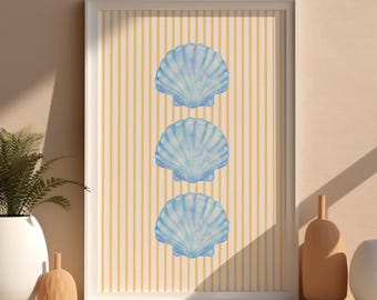 Beach Print Dorm Decor, Blue Seashell Yellow Stripes Coastal Wall Art Digital Download