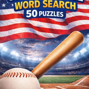Puede incluir: Una pelota y un bate de béisbol descansan en un campo de béisbol, con un estadio al fondo. La bandera estadounidense ondea sobre el texto "USA BASEBALL WORD SEARCH 50 PUZZLES".