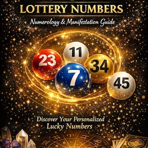 Puede incluir: Una portada de libro con el título "LUCKY LOTTERY NUMBERS" y el subtítulo "Numerology & Manifestation Guide". La imagen presenta bolas de lotería con los números 23, 11, 7, 34 y 45, rodeadas de luz dorada y estrellas. También está el texto "Discover Your Personalized Lucky Numbers".