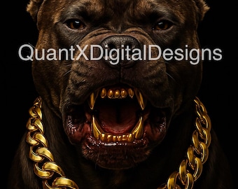Pitbull de luxe avec chaîne en or et dents en or