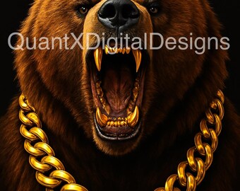 Ours grizzli de luxe avec chaîne en or et crocs en or