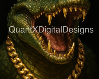 Alligator de luxe avec chaîne en or et dents en or