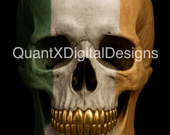 Crâne représentant le drapeau irlandais avec des dents en or