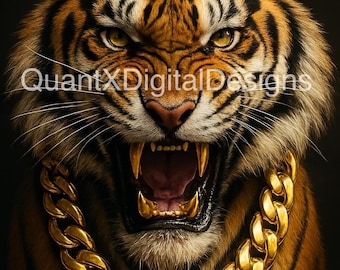 Tigre de luxe avec chaîne en or et crocs en or