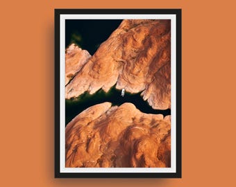 Lake Powell Arizona Aerial Photo, Boat on Desert Lake Fine Art Print, Southwest Wall Art