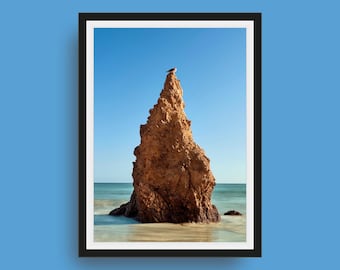 Malibu Beach Rock Print – Coastal Seagull Photography, Ocean Wall Art from California