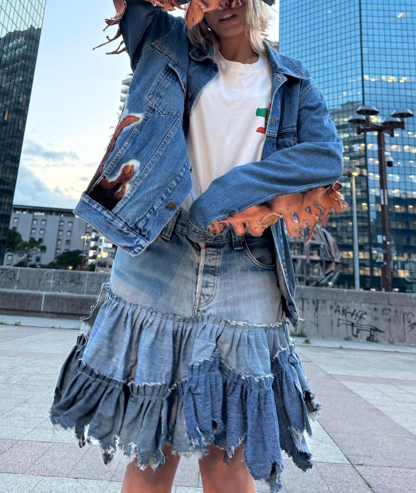Upcycled Ruffle Denim Skirt – Romantic Grunge Style / Unique  display picture 1