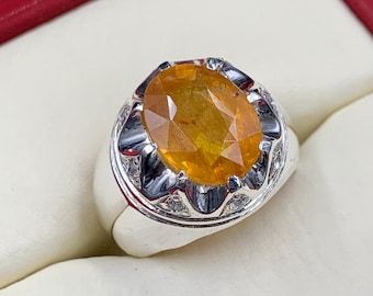 Handcrafted Yellow Sapphire Men's Ring, 925 Sterling Silver Ring, Sapphire Ring, Pukhraj Sapphire Ring, Gift For Him