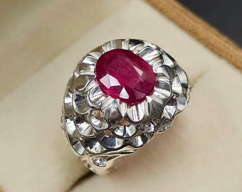 Handcrafted 5 Carat Natural Ruby Ring,  Birthstone Ring For Men, 925 Sterling Silver, Anniversary Gift, Yaqoot Ring