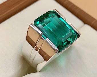 Handcrafted 12 Carat Rich Green Emerald Ring For Men, 925 Sterling Silver Emerald Stone Ring, Emerald Gemstone Ring