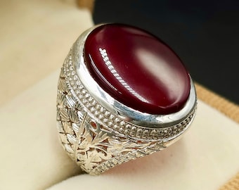 Handcrafted Yemeni Aqeeq Ring For Men, Natural Agate Ring With 925 Sterling Silver, Carnelian Ring