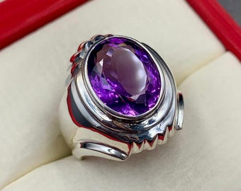 Handcrafted Amethyst Gemstone Silver Men's Ring | 925 Sterling Silver | Oval Shape Gemstone | Silver Ring For Men