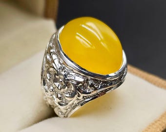 Handcrafted Yemeni Aqeeq Ring For Men, Sharf Al Shams Natural Agate Ring With 925 Sterling Silver, Carnelian Ring
