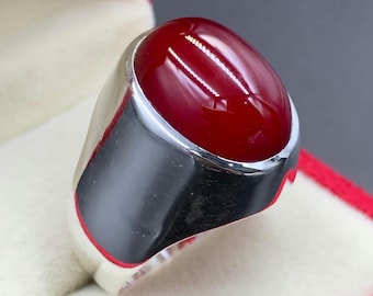Handcrafted Yemeni Aqeeq Ring For Men, Natural Agate Ring With 925 Sterling Silver, Carnelian Ring