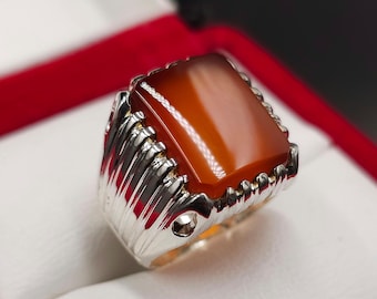 Handcrafted Yemeni Aqeeq Ring For Men, Natural Agate Ring With 925 Sterling Silver, Carnelian Ring