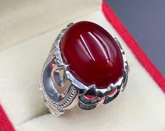 Handcrafted Yemeni Aqeeq Ring For Men, Natural Agate Ring With 925 Sterling Silver, Carnelian Ring