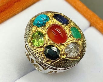 Multistone Aqeeq Ring,  Emerald Sapphire Peridot Ring For Men, Natural Turquoise, Quartz Ring 925 Sterling Silver, Anniversary Gift