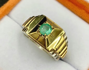 Handcrafted Rich Green Natural Emerald Mens Band, Sterling Silver 925  Zamurd Ring