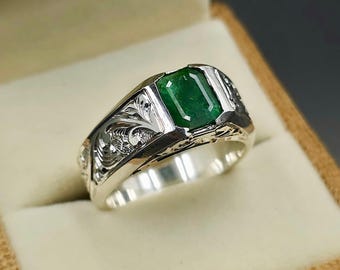 Handcrafted Square Cut 2 Carat Rich Green Natural Emerald Mens Ring Sterling Silver 925  Zamurd Ring