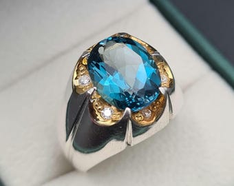 Handcrafted Natural London Topaz Ring, Blue Topaz 925 Sterling Silver Ring For Men, Real Topaz Ring