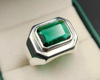 Handcrafted 7 Carat Rich Green Emerald Ring For Men, 925 Sterling Silver Emerald Stone Ring, Emerald Gemstone Ring