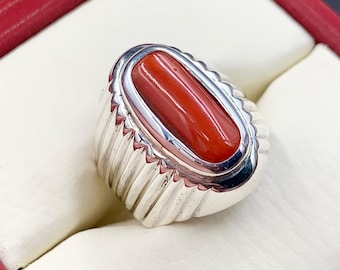Handcrafted Natural Red Coral Ring, Marjan Ring For Men, 925 Sterling Silver Ring, Handcrafted Coral Ring Gift For Him