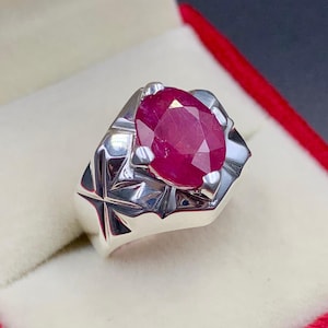 Handmade 7 Carat Natural Ruby Ring,  Birthstone Ring For Men, 925 Sterling Silver, Anniversary Gift, Yaqoot Ring