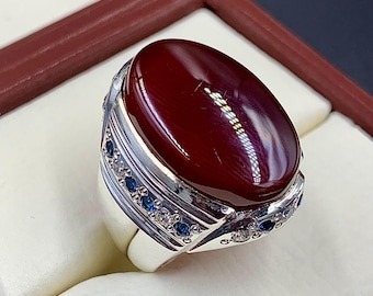 Handcrafted Yemeni Aqeeq Ring For Men, Natural Agate Ring With 925 Sterling Silver, Carnelian Ring