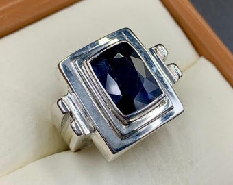 Handcrafted Unique Design Blue Sapphire Ring For Him, 925 Sterling Silver Ring, Neelam Ring, Blue Sapphire Ring, Gift For Him
