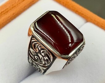 Handcrafted Yemeni Aqeeq Ring For Men, Natural Agate Ring With 925 Sterling Silver, Carnelian Ring