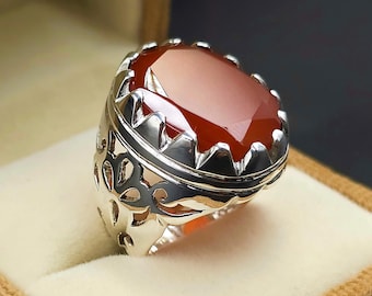 Handcrafted Yemeni Aqeeq Ring For Men, Natural Agate Ring With 925 Sterling Silver, Carnelian Ring
