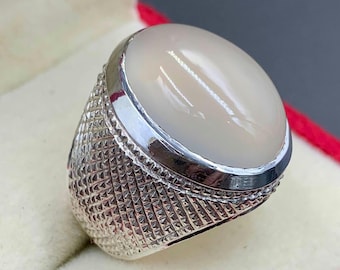 Handcrafted White Yemeni Aqeeq Ring For Men, Natural Agate Ring With 925 Sterling Silver, Carnelian Ring