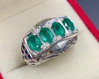 Handcrafted Natural Emerald Mens Ring, Rich Green Emerald Sterling Silver 925  Zamurd Ring