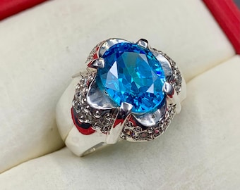 Handcrafted Oval Cut 8 Carat Blue Topaz Ring, Mens Square Shape Ring Sterling Silver 925 Topaz Ring