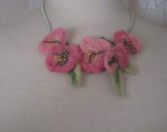 Original one of a kind needle felted floral necklace pink and green