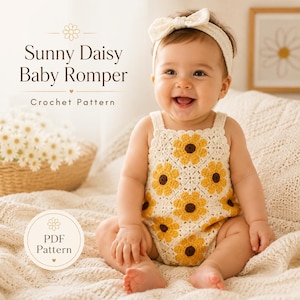 Häkelanleitung für einen Baby-Strampler mit Gänseblümchenmuster (PDF), Blumen-Oma-Quadrat-Babyoutfit, Größen 0–12 Monate, Sofort-Download