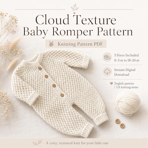 Stickmönster för babysparkdräkt i PDF-format, texturerad jumpsuit för nyfödd, babybody uppifrån och ner, storlekar 0-24 månader, direktnedladdning