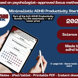 Op de afbeelding: Een digitale planner op een tabletscherm met een doel- en beloningsvolger. De planner is ontworpen om mensen met ADHD te helpen hun tijd te beheren en georganiseerd te blijven. De tekst op het scherm zegt "Goal & Reward Tracker". De tekst op het scherm zegt "Why is this goal important to you?" De tekst op het scherm zegt "Your Reward". De tekst op het scherm zegt "Progress tracker". De tekst op het scherm zegt "Reflection". De tekst op het scherm zegt "2025". De tekst op het scherm zegt "Science based". De tekst op het scherm zegt "Made by an adhd brain". De tekst op het scherm zegt "3-page kit. Same tools. Smaller start". De tekst op het scherm zegt "GoodNotes. iPad/tablet. Printable PDF. Instant download".