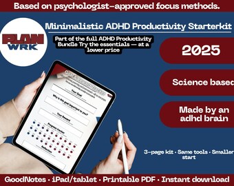 May include: A digital planner on a tablet screen with a goal and reward tracker. The planner is designed to help people with ADHD manage their time and stay organized. The text on the screen says "Goal & Reward Tracker". The text on the screen says "Why is this goal important to you?" The text on the screen says "Your Reward". The text on the screen says "Progress tracker". The text on the screen says "Reflection". The text on the screen says "2025". The text on the screen says "Science based". The text on the screen says "Made by an adhd brain". The text on the screen says "3-page kit. Same tools. Smaller start". The text on the screen says "GoodNotes. iPad/tablet. Printable PDF. Instant download".