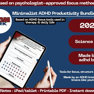 Op de afbeelding: Een digitale planner voor ADHD-productiviteit met een rood-wit-blauw kleurenschema. De planner bevat een doelen- en belonings tracker, een voortgangs tracker en een reflectiegedeelte. De tekst op de planner zegt "Goal & Reward Tracker". De tekst op het scherm zegt "2025, Science based, Made by an adhd brain". De tekst onderaan de afbeelding zegt "GoodNotes. iPad/tablet. Printable PDF. Instant download".